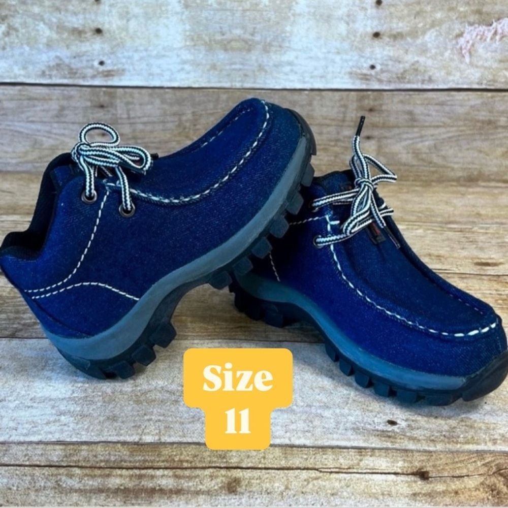 Redhawk Kids Blue Denim Moc Toe Boots Lace Up Lug Sole‎ Shoes Size 11